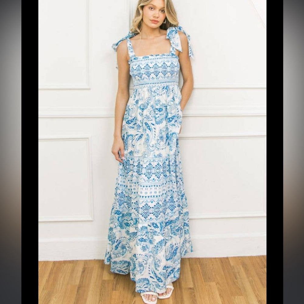Flying Tomato blue and white paisley smocked maxi dress